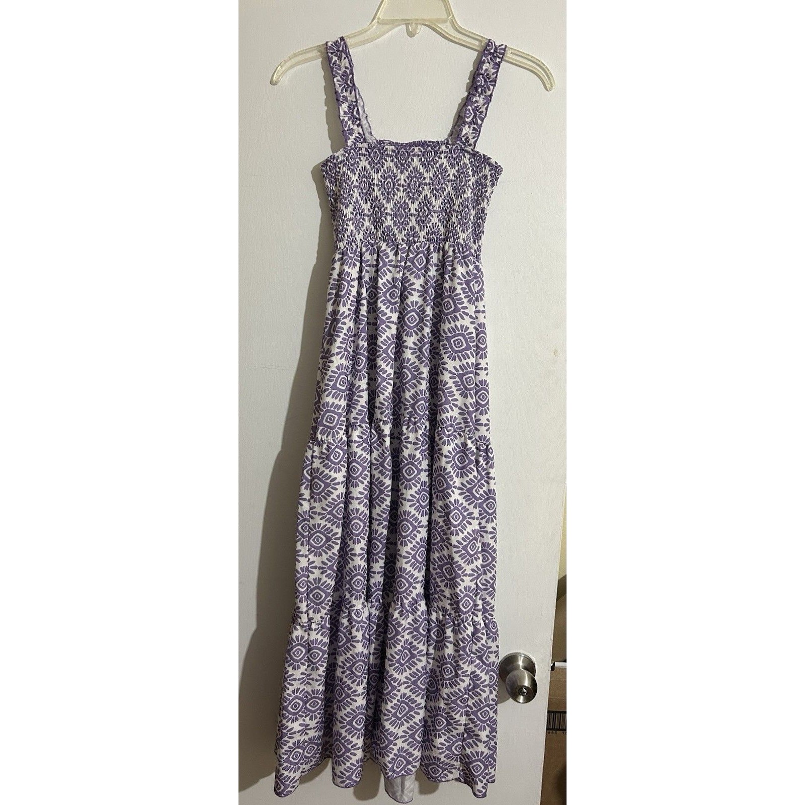 Shein Purple/White Geometric Square Neck Smocked Strappy Maxi Dress Xs